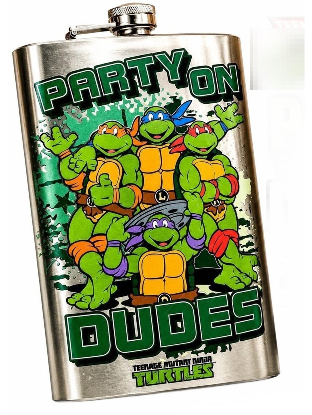 TMNT Party On Dudes 2014 Silver Buffalo 64 oz Stainless Steel Hip Flask Turtle